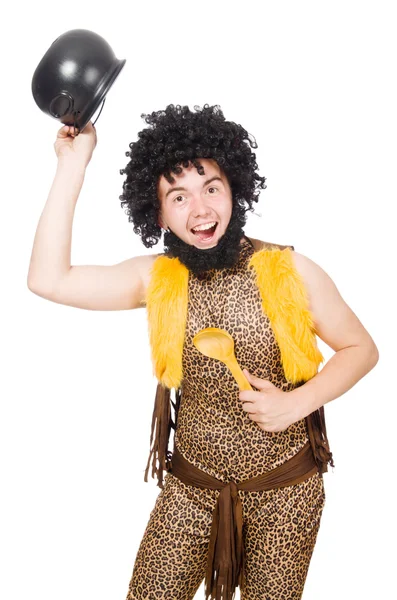 Funny caveman with pot isolated on white — Stock Photo, Image