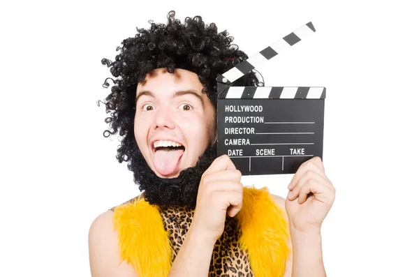 Cave man met film board geïsoleerd op wit — Stockfoto