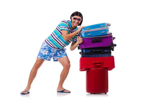 Man travelling with suitcases isolated on white — Stock Photo, Image