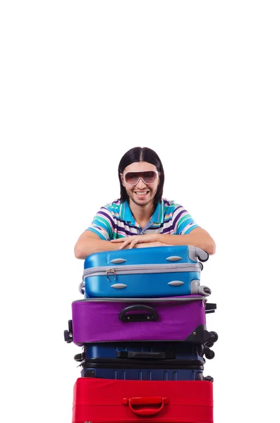 Homme voyageant avec des valises isolées sur blanc — Photo