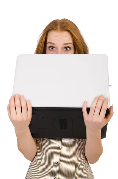 Affärskvinna med bärbar dator isolerad på vit Stockfoto