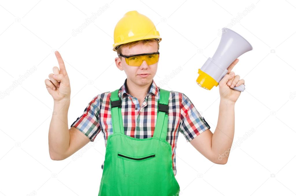 Funny construction worker with loudspeaker