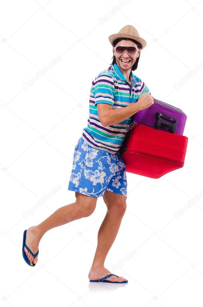 Man travelling with suitcases isolated on white