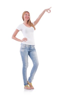 Sanal düğmeye basan kadın beyazda izole edildi