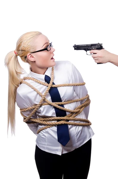 Businesswoman tied up with rope — Stock Photo, Image