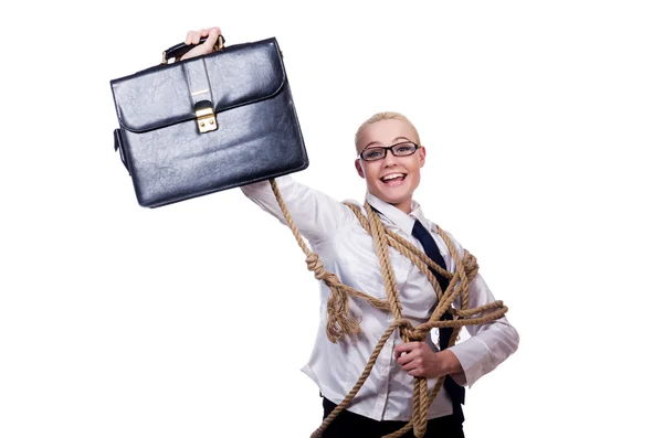 Businesswoman tied up with rope — Stock Photo, Image