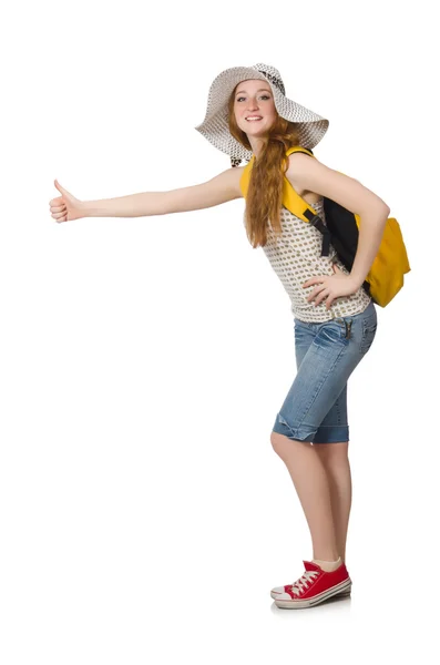 Joven estudiante con mochila aislada en blanco — Foto de Stock