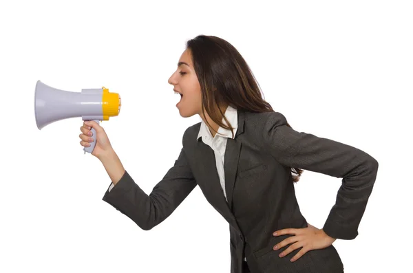 Woman with loudspeaker on white — Stock Photo, Image