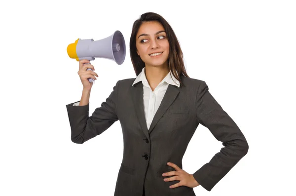 Woman with loudspeaker on white — Stock Photo, Image