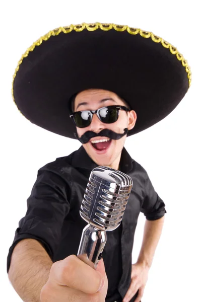 Zabawny człowiek w meksykańskim sombrero kapeluszu odizolowany na biało — Zdjęcie stockowe