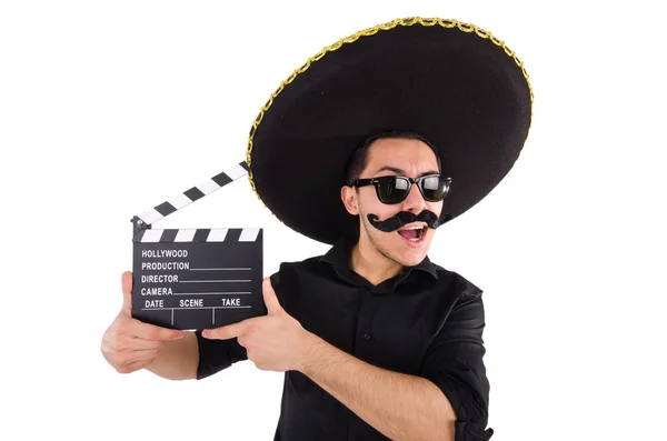 Funny man wearing mexican sombrero hat isolated on white — Stock Photo, Image