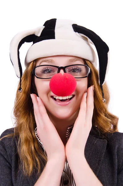 Buffo donna clown isolato sul bianco — Foto Stock