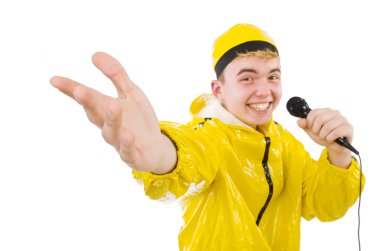 Sarı takım elbiseli adam, beyazda izole edilmiş.