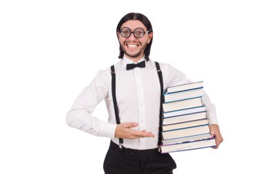 Kitapları beyaza saklanmış komik bir öğrenci.