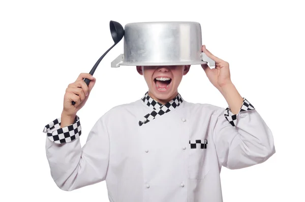 Αστείος αρσενικός μάγειρας απομονωμένος σε λευκό — Φωτογραφία Αρχείου