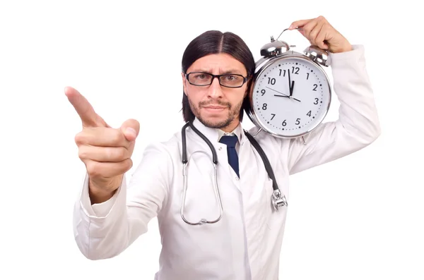 Man doctor with clock isolated on white — Stock Photo, Image