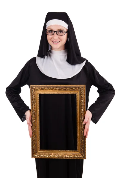 Ung nunna med ram isolerad på vit — Stockfoto