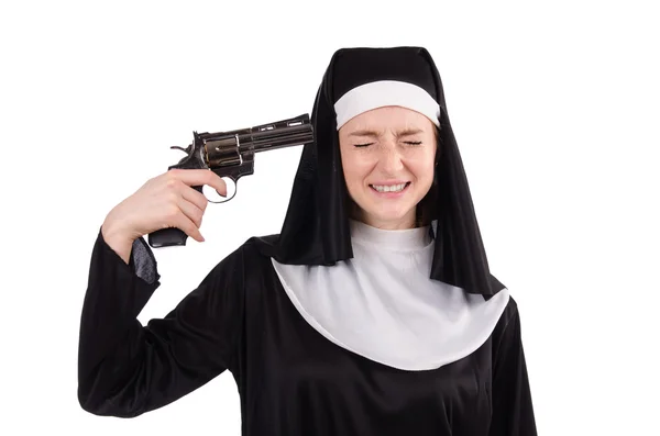 Nun with handgun isolated on white — Stock Photo, Image