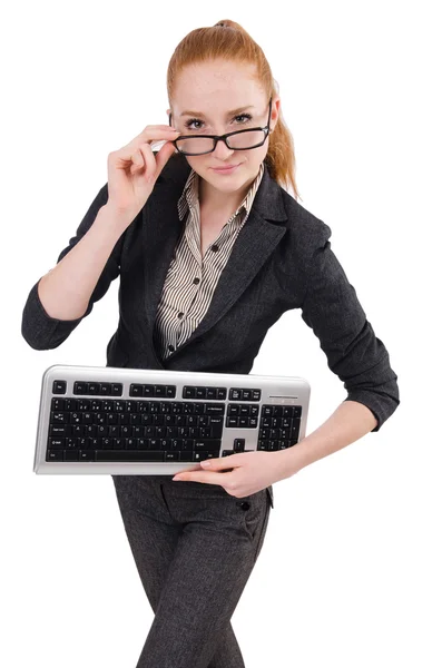 Femme avec clavier isolé sur blanc — Photo