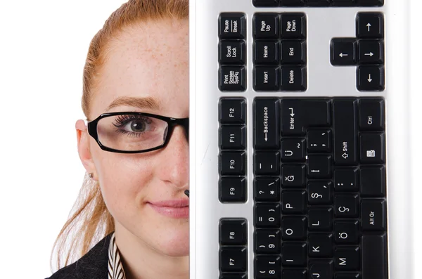 Woman with keyboard isolated on white — Stock Photo, Image