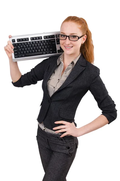 Žena s klávesnicí izolovaných na bílém — Stock fotografie