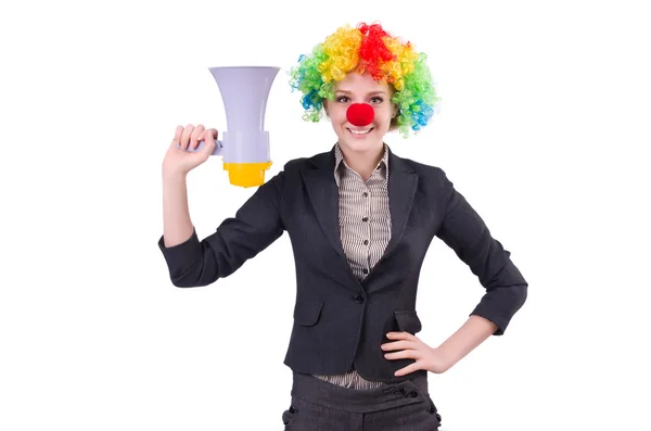 Podnikatelka klaun s reproduktorem izolované na bílém — Stock fotografie