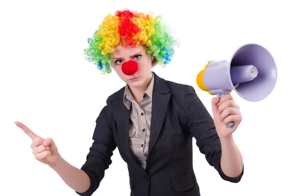 Clown donna d'affari con altoparlante isolato su bianco — Foto Stock