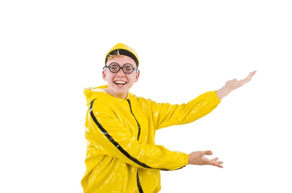 Hombre en traje amarillo aislado en blanco — Foto de Stock