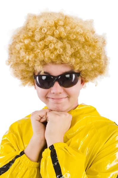 Hombre en traje amarillo aislado en blanco — Foto de Stock