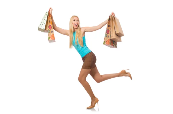 Vrouw in winkelconcept geïsoleerd op wit — Stockfoto
