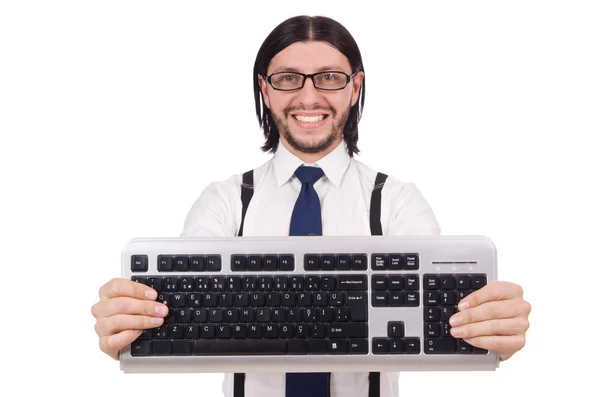 Unga roliga affärsman med tangentbord isolerad på vit — Stockfoto