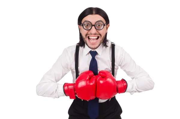 Engraçado jovem empresário com luvas de boxe isolado no branco — Fotografia de Stock