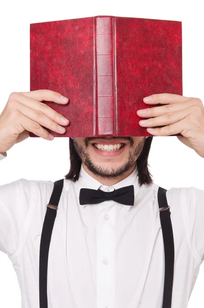 Estudiante divertido con libros aislados en blanco —  Fotos de Stock