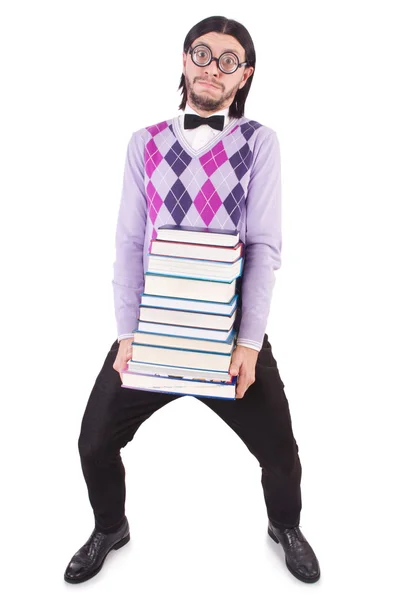 Funny student with books isolated on white — Stock Photo, Image