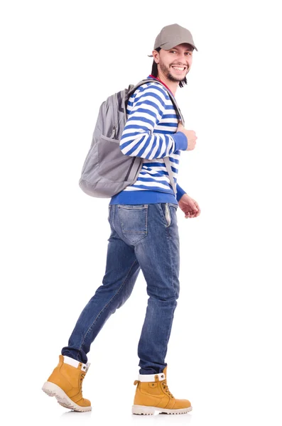 Estudante com mochila isolada no branco — Fotografia de Stock