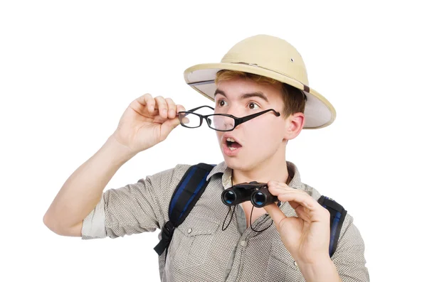 Muž v safari klobouku v mysliveckém konceptu — Stock fotografie