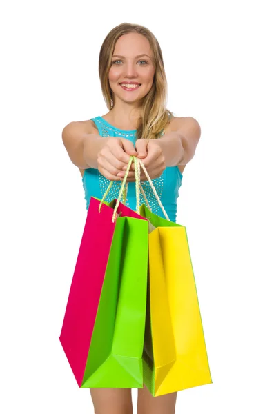 Frau mit Einkaufstaschen isoliert auf weißem Grund — Stockfoto