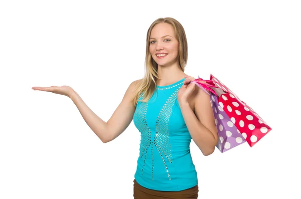 Vrouw met boodschappentassen geïsoleerd op wit — Stockfoto