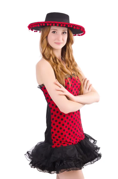 Unga rödhårig tjej i prickiga klänning och sombrero isolerad på — Stockfoto