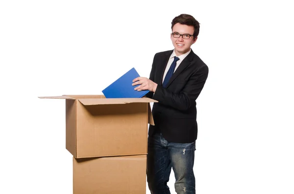 Молодой бизнесмен в мышлении из коробки концепции — стоковое фото