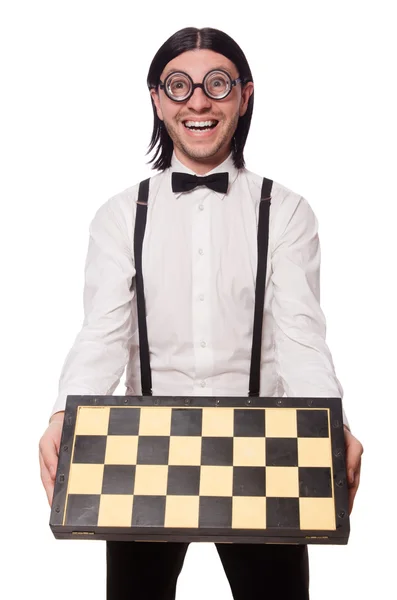 Nerd chess player isolated on white — Stock Photo, Image