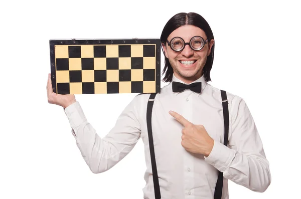 Nerd chess player isolated on white — Stock Photo, Image