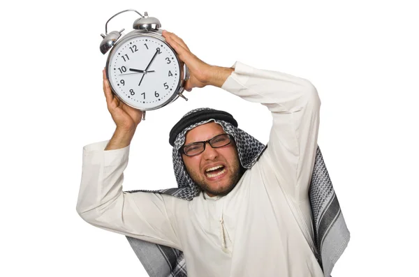 Hombre árabe con reloj aislado en blanco — Foto de Stock