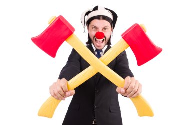 Beyaz arka planda izole komik palyaço işadamı