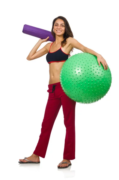 Woman exercising with ball isolated on white — Stock Photo, Image