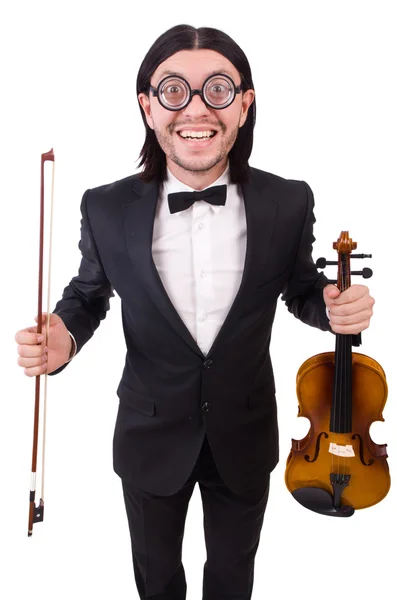 Lustiger Mann mit Musikinstrument auf Weiß — Stockfoto