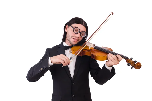 Homem engraçado com instrumento de música em branco — Fotografia de Stock