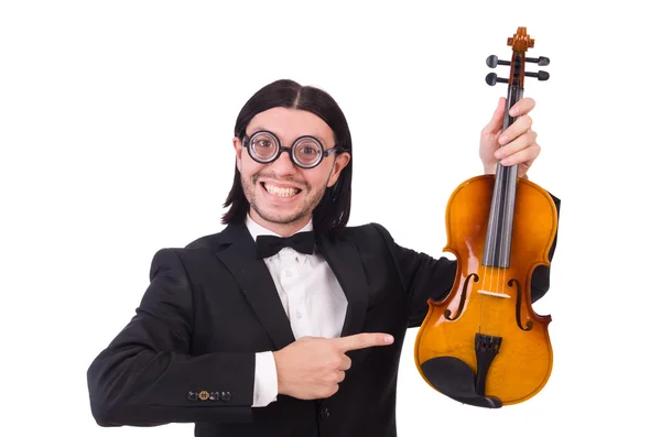 Lustiger Mann mit Musikinstrument auf Weiß — Stockfoto