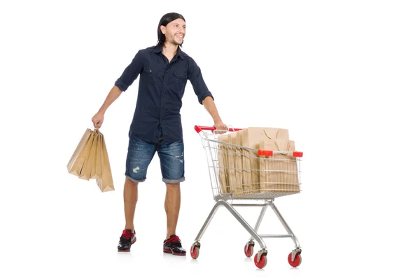 Homem de compras com carrinho de cesta de supermercado — Fotografia de Stock