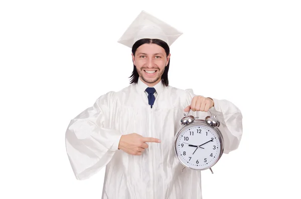 Student mist zijn deadlines met klok op wit — Stockfoto
